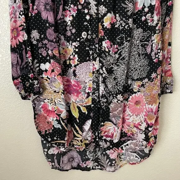 Anthropologie Maeve Top‎ Womens Medium Black Pink Floral Button Up Tunic Boho - Picture 5 of 11